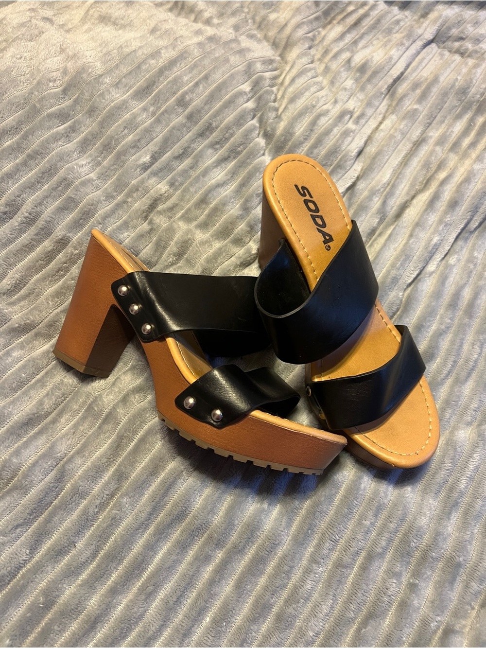 Soda Black Strappy Mule Heels with Tan Platform